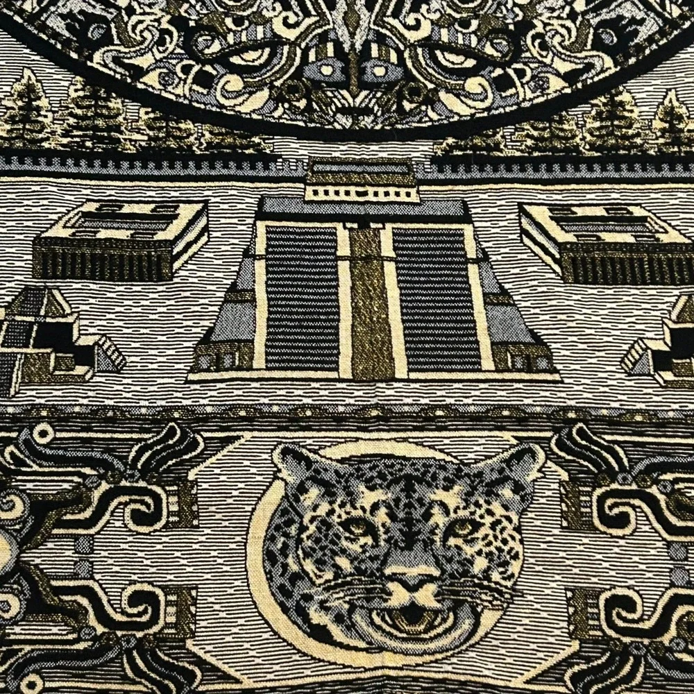 Mexican Aztec Mayan Sun Stone Calendar Woven Tapestry Blanket Jaguar Pyramids